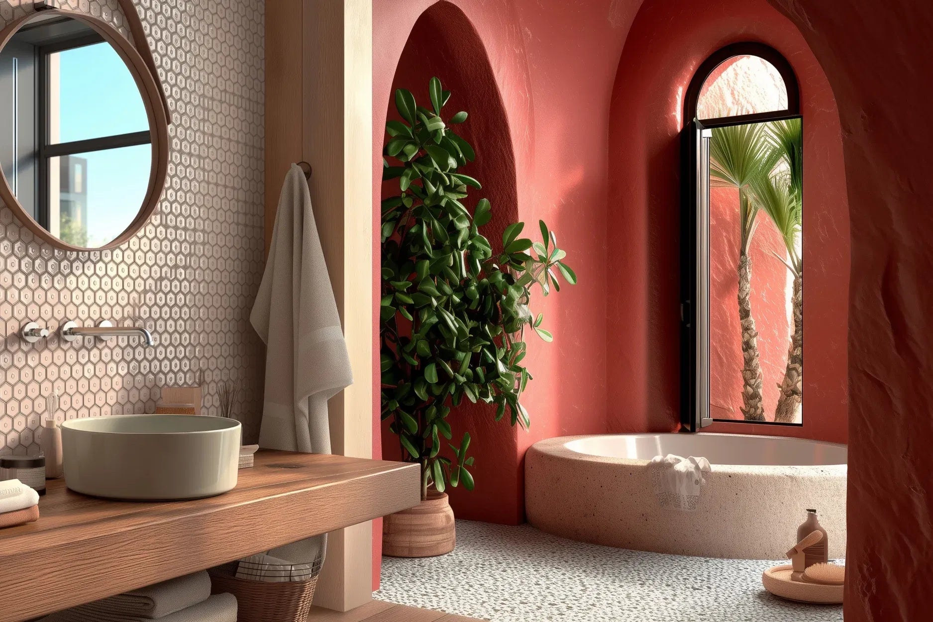 Badezimmer Beige Glanz Hexagon Porzellan Mosaik