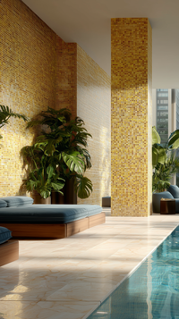 Baumharz Braun Gold Ader Quadrat Glas Mosaik Fliese Spa und Wellness Design