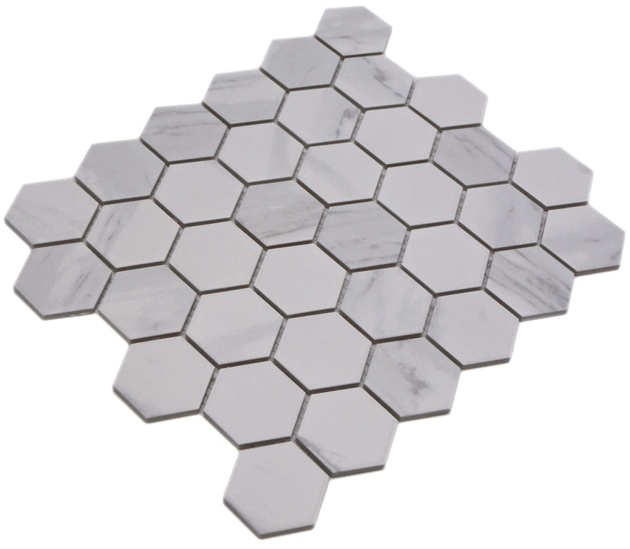 Bern Hexagon Keramik Mosaikfliese Weiss Marmoroptik