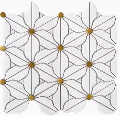 Blumen Marmor Muster in Weiss mit Gold Mitte Mosaik Fliese Schweiz