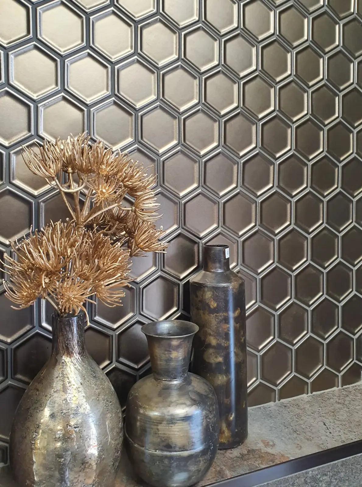 Bronze Metall Porzellan Hexagon Mosaikfliese Wand Deko Innendesign