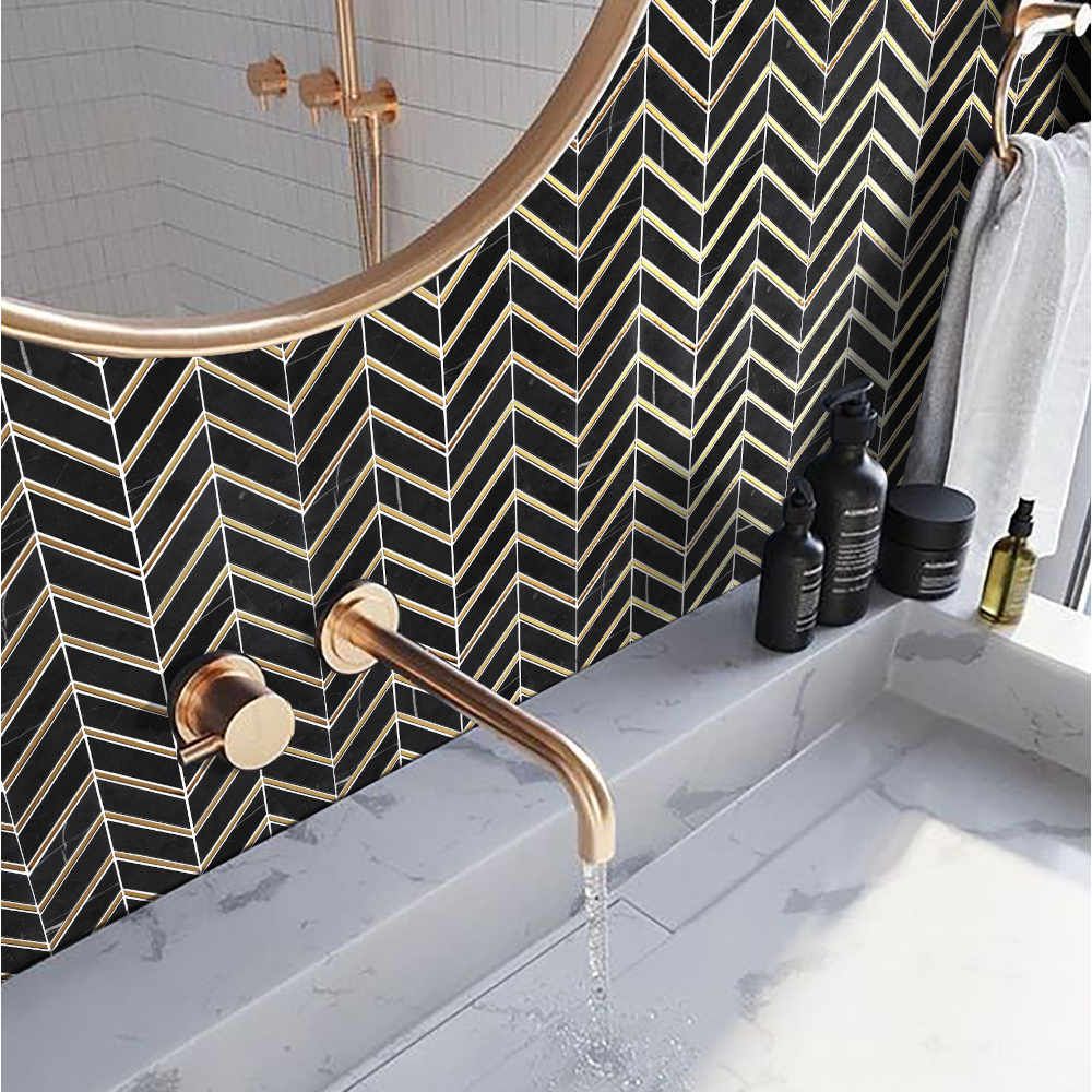 Chevron Rückwandfliesen Marmor Schwarz mit Gold Metal Fliessen