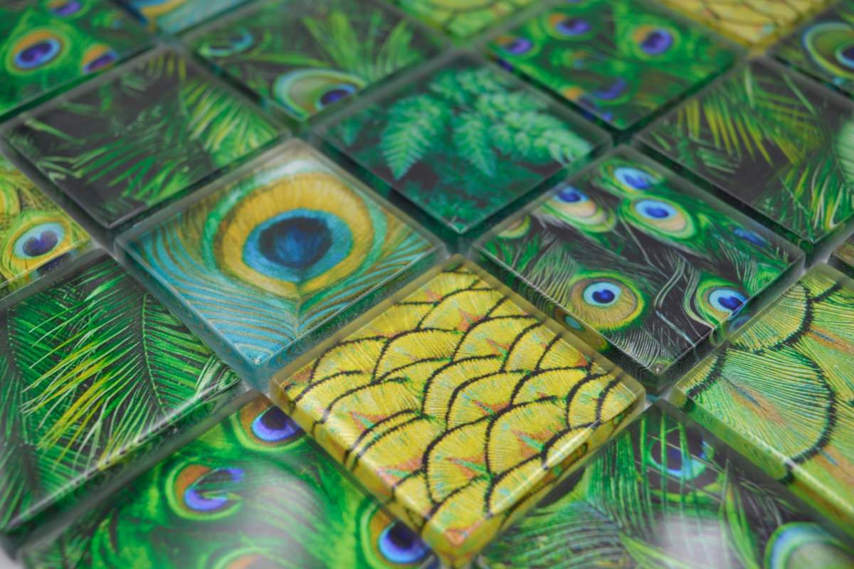 Emerald Grün Feder Glass Mosaik 48 x 48 mm Glänzend