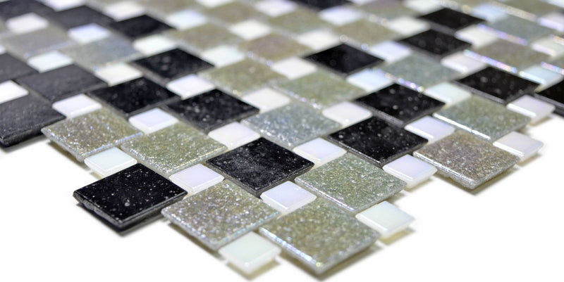 Mosaikfliese Schwarz Silber Glanz für Wand & Boden Weiss