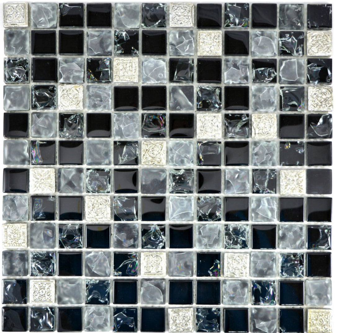 Mosaikfliese Schwarz Silber Glasmix