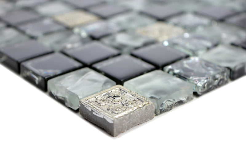 Mosaikfliese Schwarz Silber Glasmix Muster