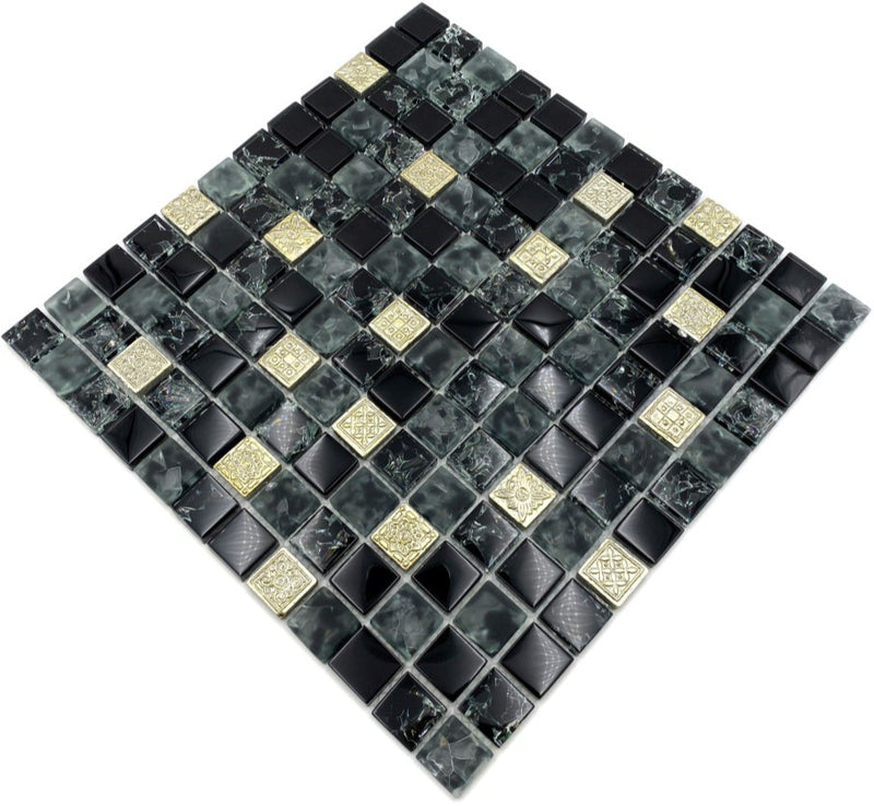 Mosaikfliese Schwarz Silber Glasmix Muster Plättli