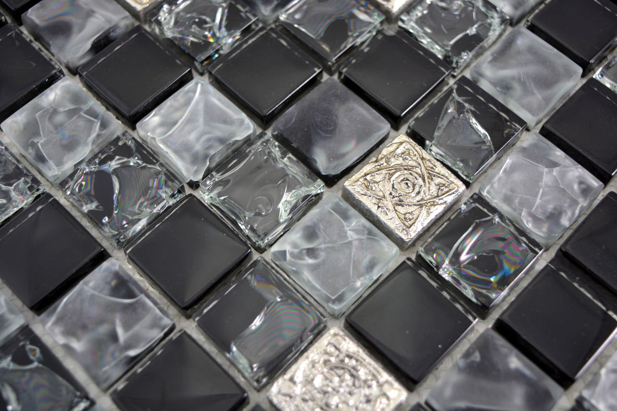 Mosaikfliese Schwarz Silber Glasmix Plätli