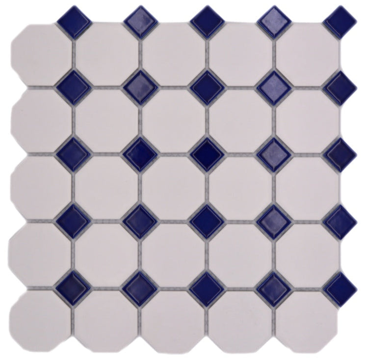 Oktagon Mosaikfliese Weiss Blau Retro