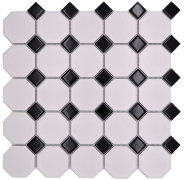 Oktagon Mosaikfliese Weiss Schwarz Retro