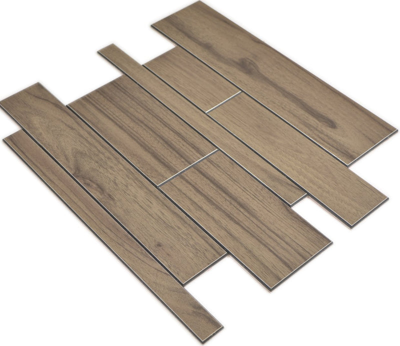Selbstklebende Holz Optik Mosaikfliese Metall Braun Matt