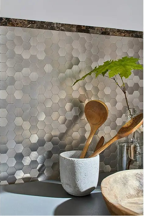 Selbstklebendes Metall Hexagon Plättli Mosaik Silber Glänzend Küche