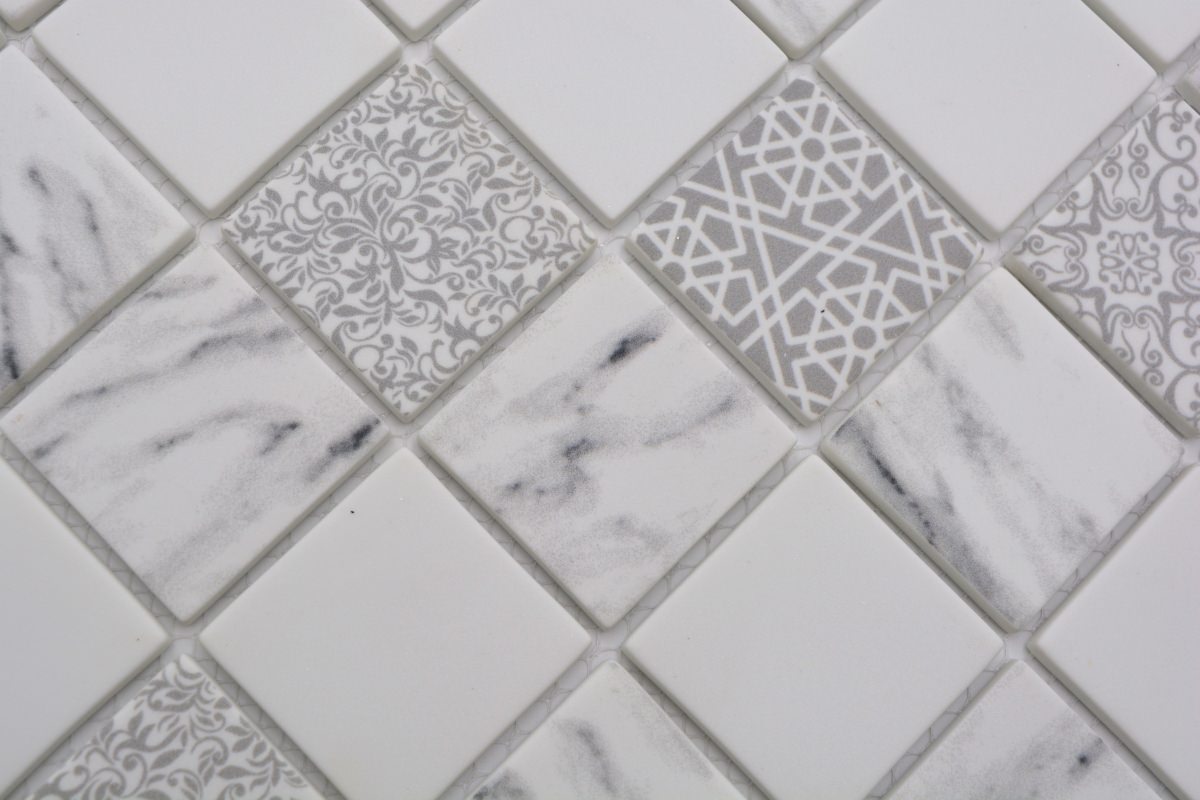 Weißgrau Ornament Mosaikfliese Eco Glas Marmoroptik